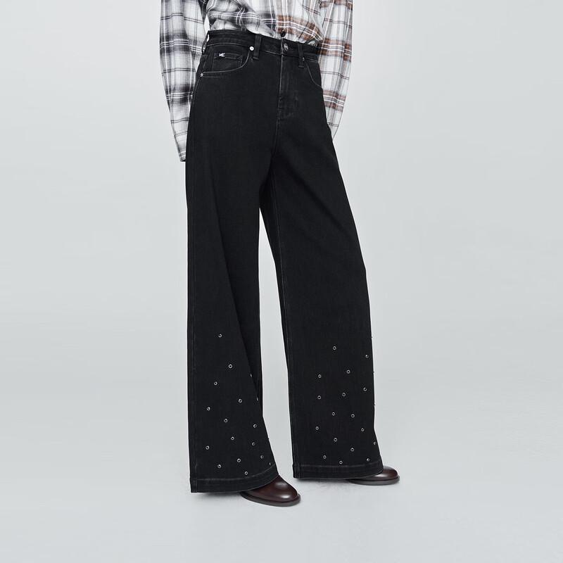 Lee Women's Black-Gray Rhinestone Hem Wide-Leg Jeans