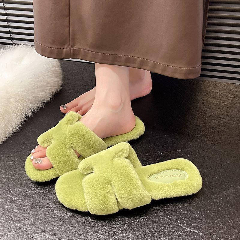 Black and White Fluffy Slippers for Women To Wear Autumn Models 2025 Super Soft Waxy Mink Hair Flat Bottom High-end One-word Cotton Mop