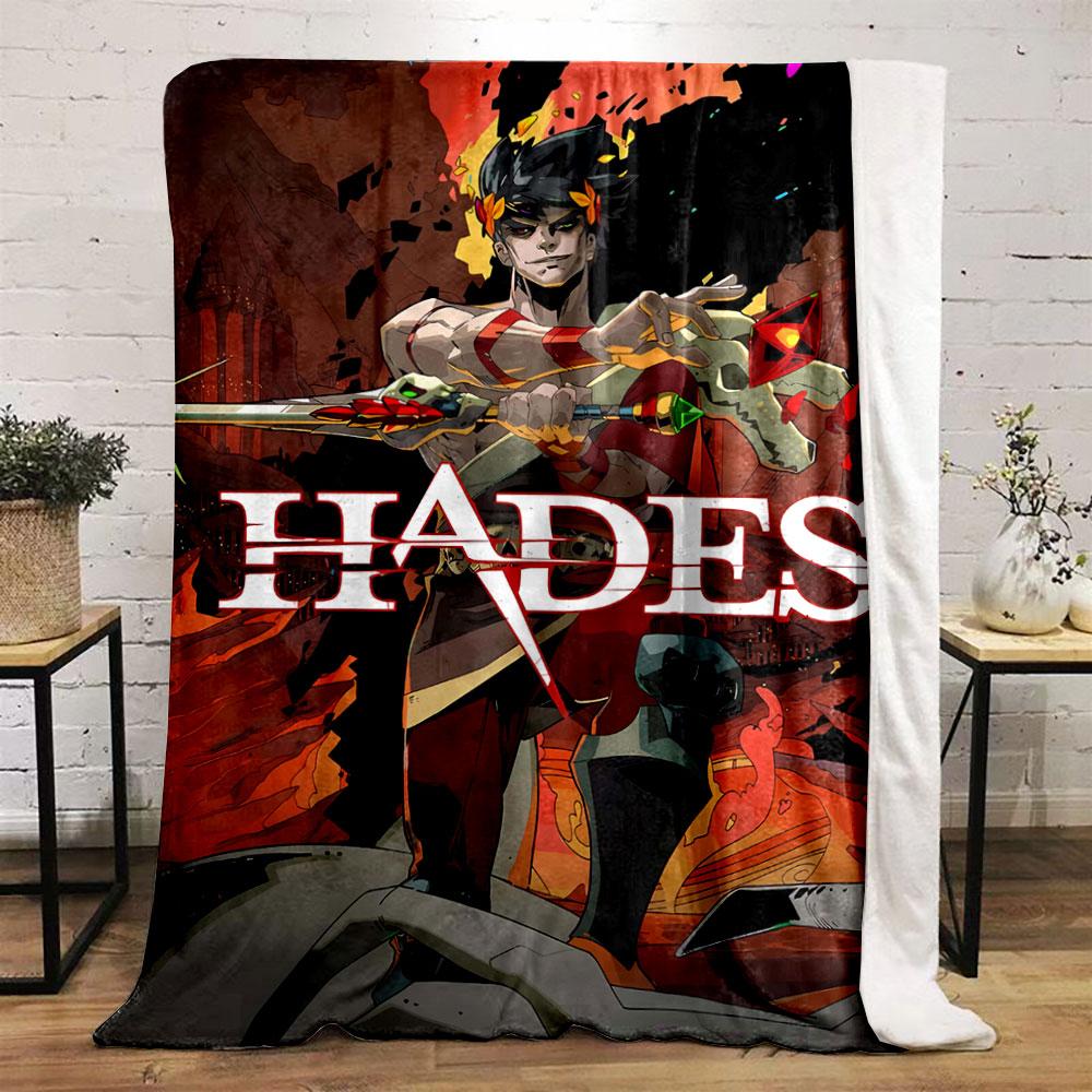 Fiery background, weapon-wielding character with skull motifs and vibrant text. for all seasons blanket lunch break throw gift
