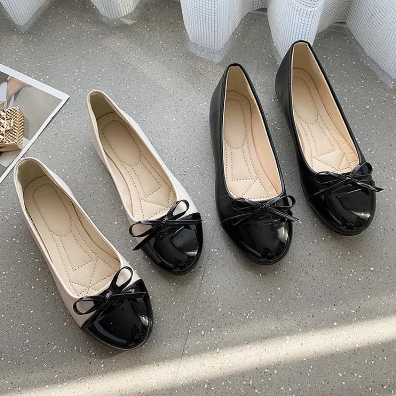 Loafers Shoes Women's Light Mouth Color blocked Korean Edition 2025 New Round Head Flat Bottom Bow Single Shoe