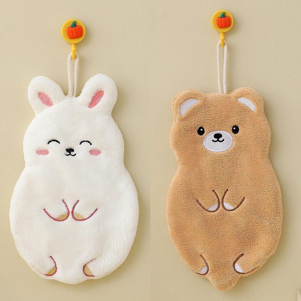 Cute Cartoon Animal Embroidered Coral Fleece Hanging Hand Towel - Soft, Quick-Dry, Water-Absorbing, Thickened for Kitchen.
