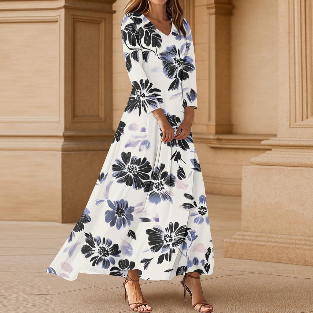 Women's Casual 3/4 Sleeve V-Neck Floral Print Maxi A-Line Beach Dress