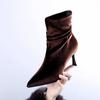 Elegant Pleated Pointed High-heeled Boots 2025 Autumn and Winter New Banquet Red Suede Wedding Shoes Temperament Stiletto Short Boots Women