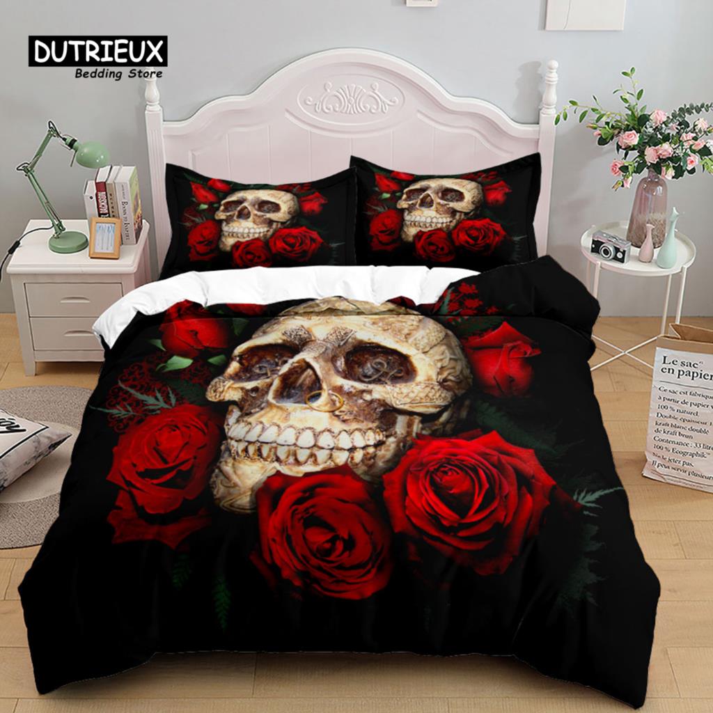 Hand Painting Crow Skull Duvet Cover Set, Bedding Set, Soft Comfortable Breathable Duvet Cover, For Bedroom Guest Room Decor