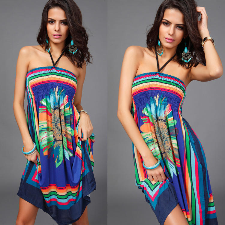 Summer Party Beach Boho Dress Sexy Wrapped Chest Sleeveless Knee-length Dress