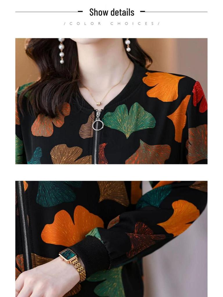 Mother's Chiffon Printed Long-Sleeve Cardigan: 2025 Spring New, Plus Size, Loose Fit, Versatile Baseball Jacket