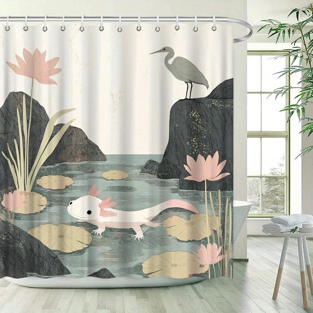 Playful Watercolor Shower Curtain - Axolotl & Heron Design, Soft Colors, 12 Hooks Included