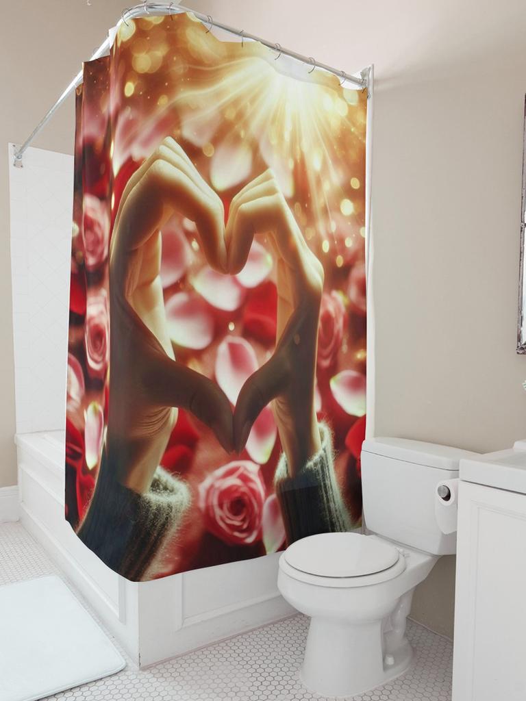3D Heart Hands Shower Curtain | Romantic Rose Petals Bathroom Decor