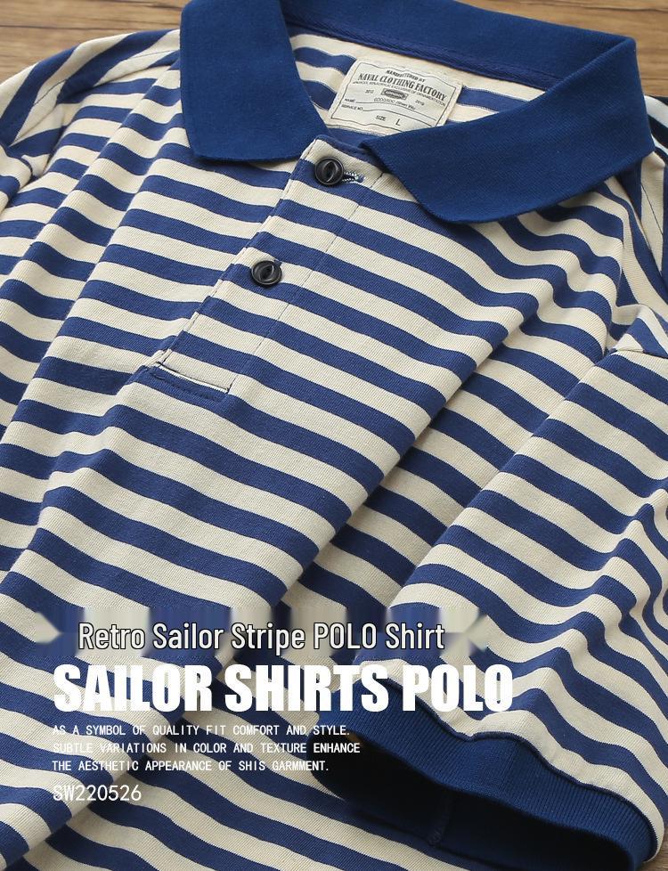 Vintage Sailor Striped Cotton Polo Shirt for Men - Summer Short Sleeve Turn-Down Collar