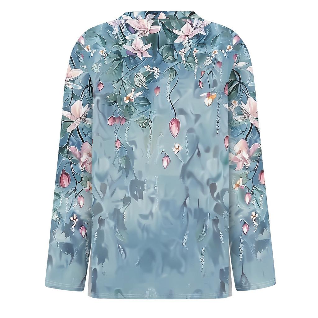 Women's Fashion Casual Slit Hem Round Neck Long Sleeve Loose Printed T-Shirt Ladies Top