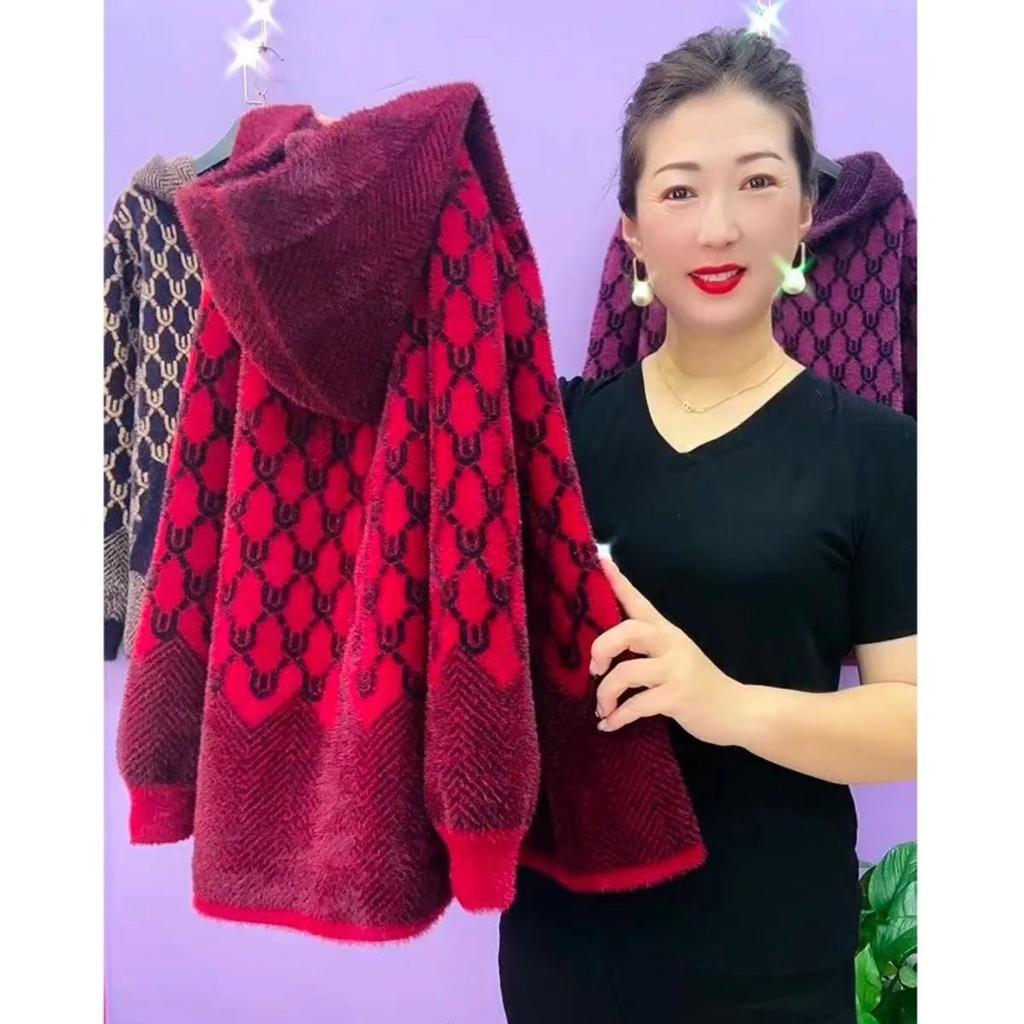 Imitation Mink VelvetShort Woolen Coat Fall Winter Middle Aged Women Knitted Cardigan Sweater Zipper Coats
