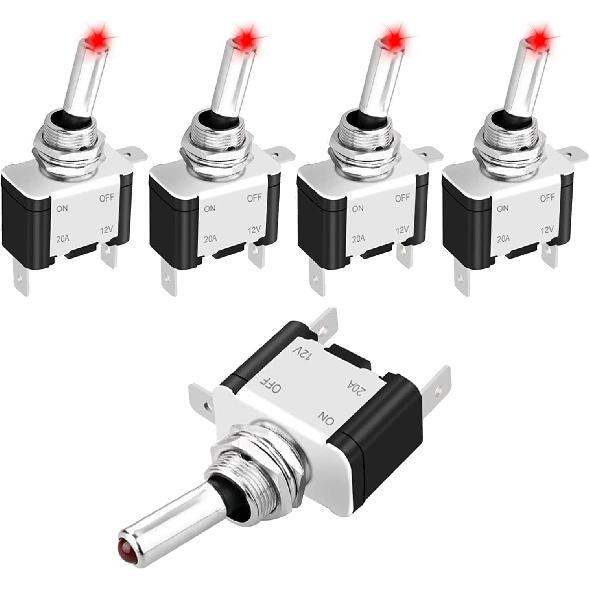 Linkstyle 5PCS 12V LED Toggle Switch, Waterproof 3 Pin SPST 20A ON/Off Red Lighted Rocker Toggle Switch, For Auto Car Marine RV Vehicles Truck Boat