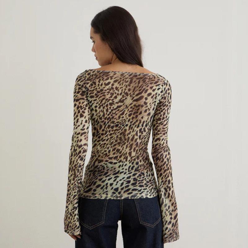 Off-Shoulder Floral Animal Print Slimming T-Shirt for Summer and Autumn