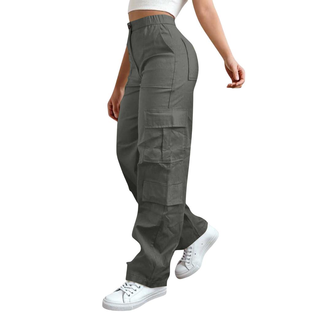 Womens Elastic High Waisted Cargo Pants Stretch Casual Wide Leg Streetwear Parachute Hiking Pants With Pockets