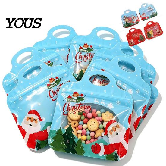Self Sealing Holiday Treat Bags Christmas with Handles, Self-Seal Candy Cookie for Supplies Snacks Party Favors, Clear Window Snack Pouches