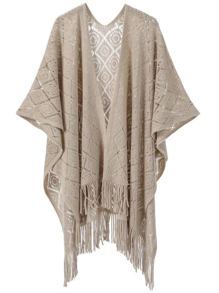 Hot-Selling Knit Shawl: Spring Summer Autumn, Hollow Design, Tassel Trim, Solid Color, Lightweight for European & American Styles.