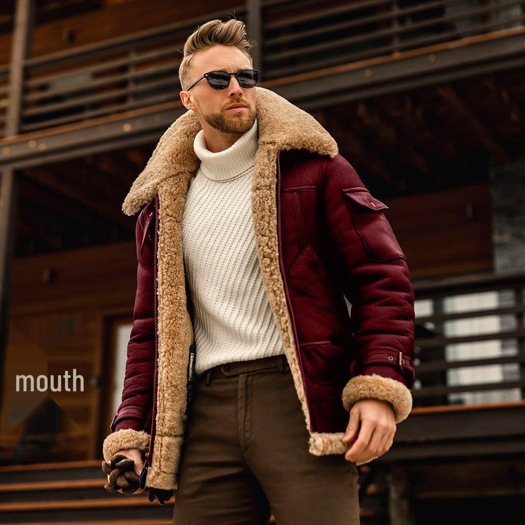 Men s 2026 Faux Leather Shearling Jacket - Thickened Mid-Length Fleece Coat M красный
