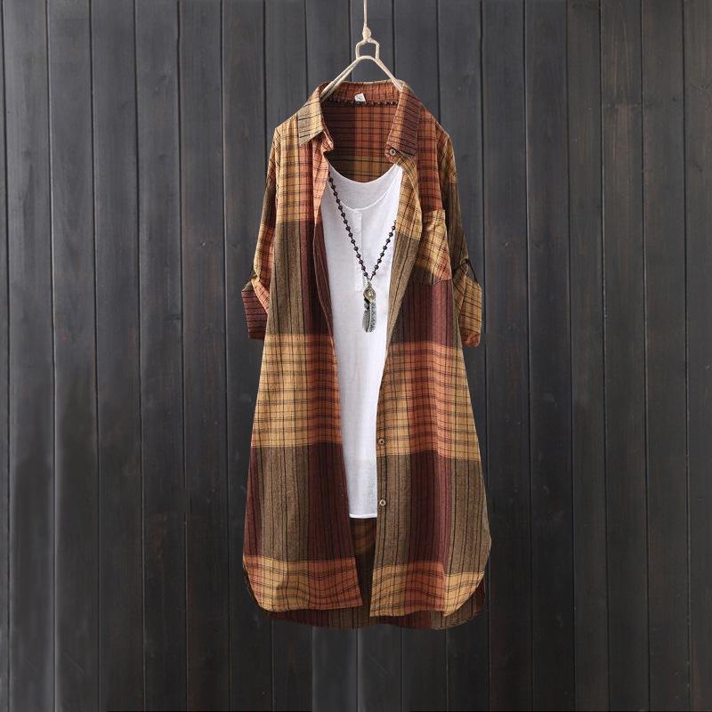 Frühling/Herbst karierte Baumwoll-Leinen Damen Übergröße Locker Mittellange Hemdjacke