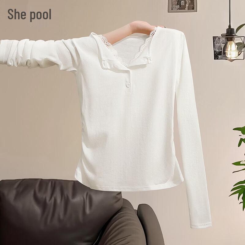 Women s Elegant Lace Trim Textured Long-Sleeve V-Neck T-Shirt M