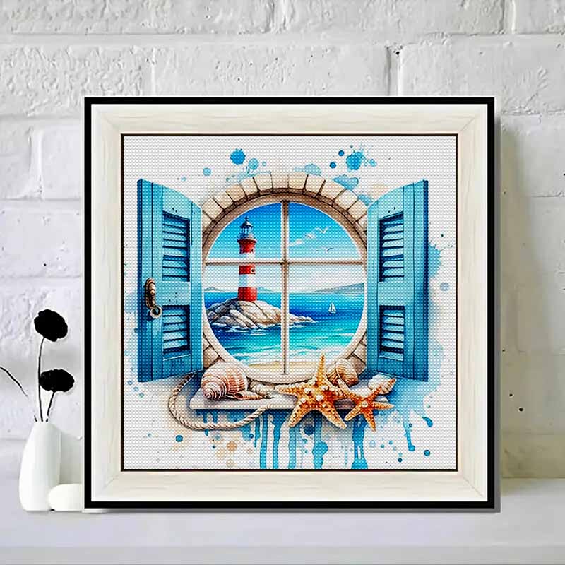New Arrival 5D DIY Full Circle Diamond Painting "Window Seaside" Embroidery Cross Stitch Home Decor Gift