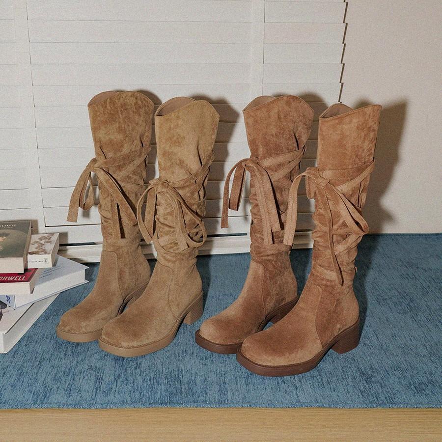 Main Push Edition~ Retro Wasteland Heel Wrap Strap Pile Boots Western Cowboy Boots But Knee Maillard Boots