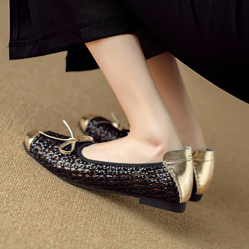 Krazing Pot Cow Skin Weaving Summer Size 41 Low Heels Party Shoes Women Square Toe Gladiator Butterfly-knot Hollow Out Pumps