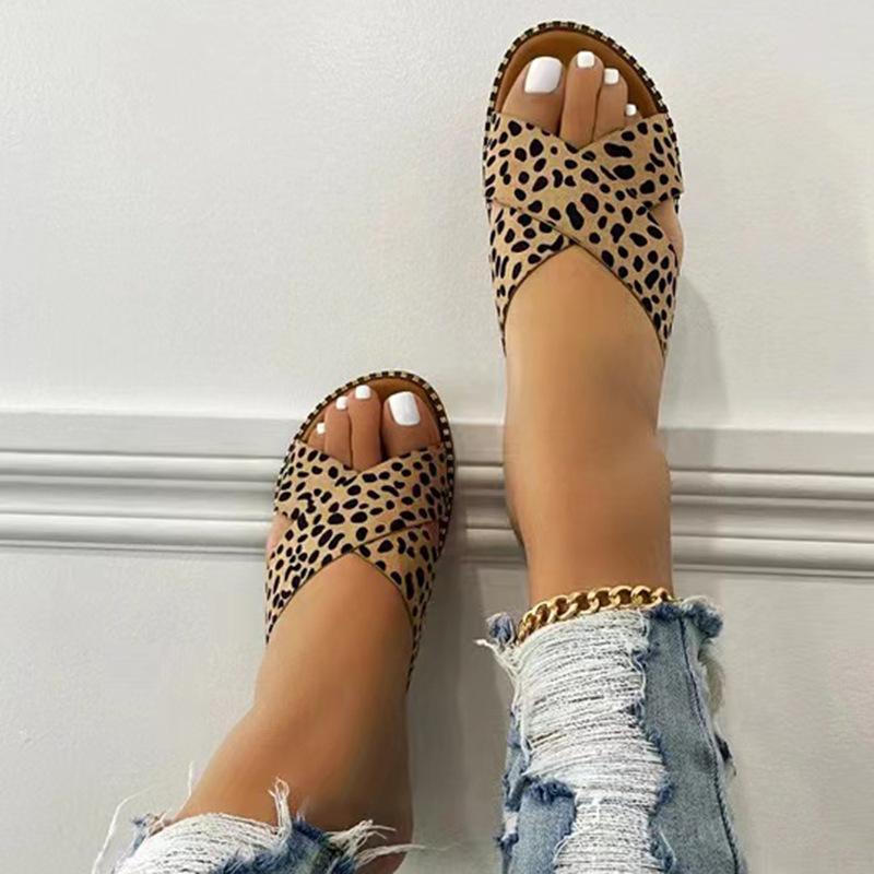 Plus Size Women's Summer Leopard Print Slippers Fashion Leather Open Toe Sandals Outdoor Casual Breathable Flat Sole Sandals