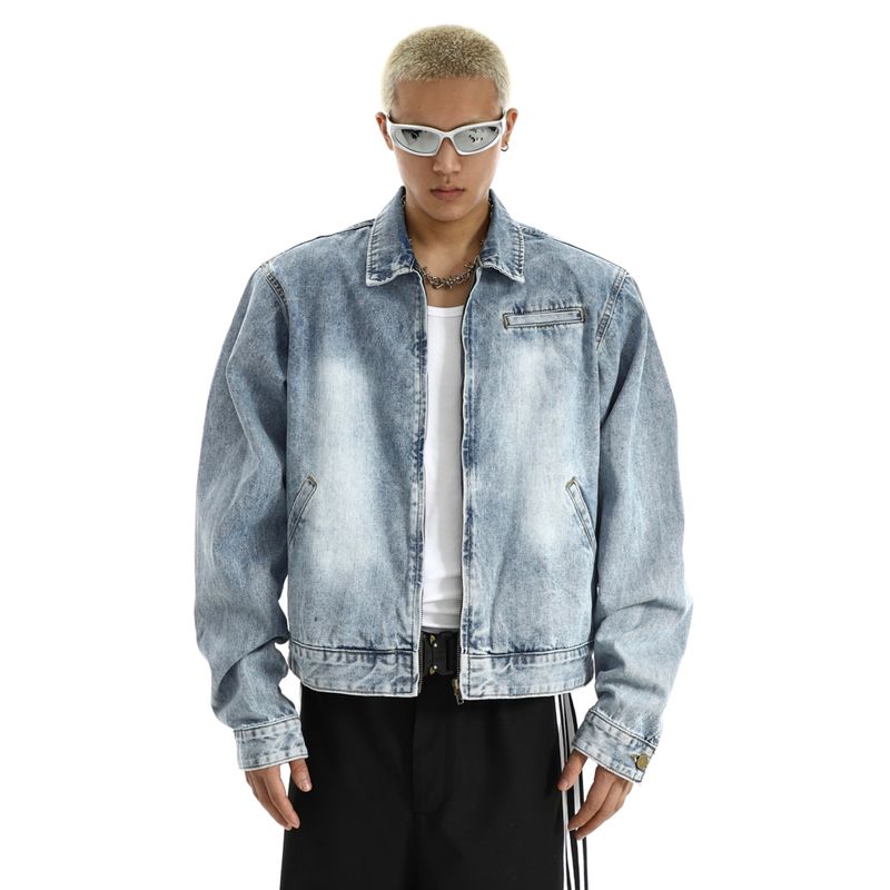 

Fancy Gradient Washed Padded Shoulder Zipper American Retro Jacket Outwear Men s New Arrival Niche Design Denim Jacket Blue XL