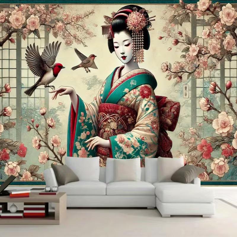 2D Japanese Geisha Cherry Blossom Backdrop Party Background Banner