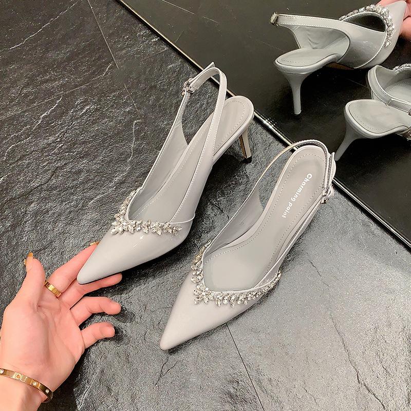 2025 New Summer Word with Nude High Heels Pointed Sexy Rhinestones Beautiful Temperament Versatile Sandals Women