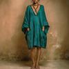 Loose Batwing Sleeve Midi Dress with Pocket In Pure Color V-Neck A-Line Skirt Polyester Fabric Casual Vintage Style for Spring