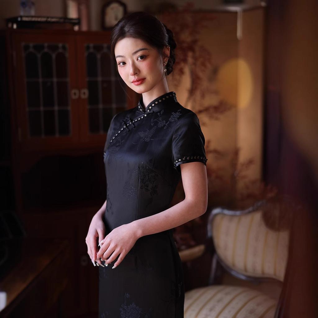 1011 new cut flower silk high-end black cheongsam summer old Shanghai retro lace Chinese style female Republic of China style