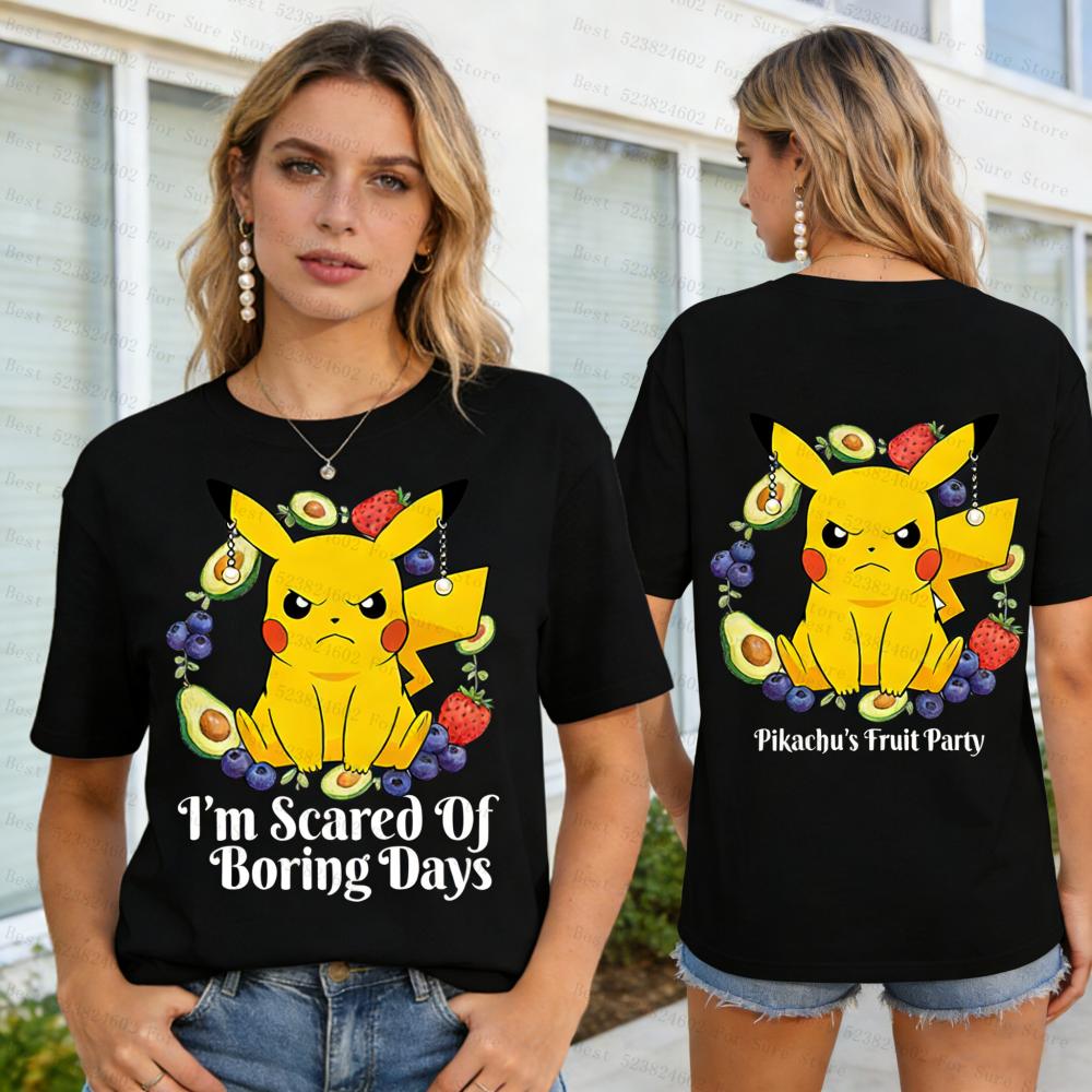 

Pokemon Pikachu Fruit Party Graphic TShirt Women Casual Short Sleeve Tee Oversized Top Im Scared Of Boring Days Y2K Streetwear S