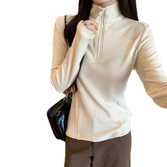{Threaded German velvet 280g} Long-sleeved T-shirt women's autumn thin slim-fit black bottoming shirt zipper stand-up collar top