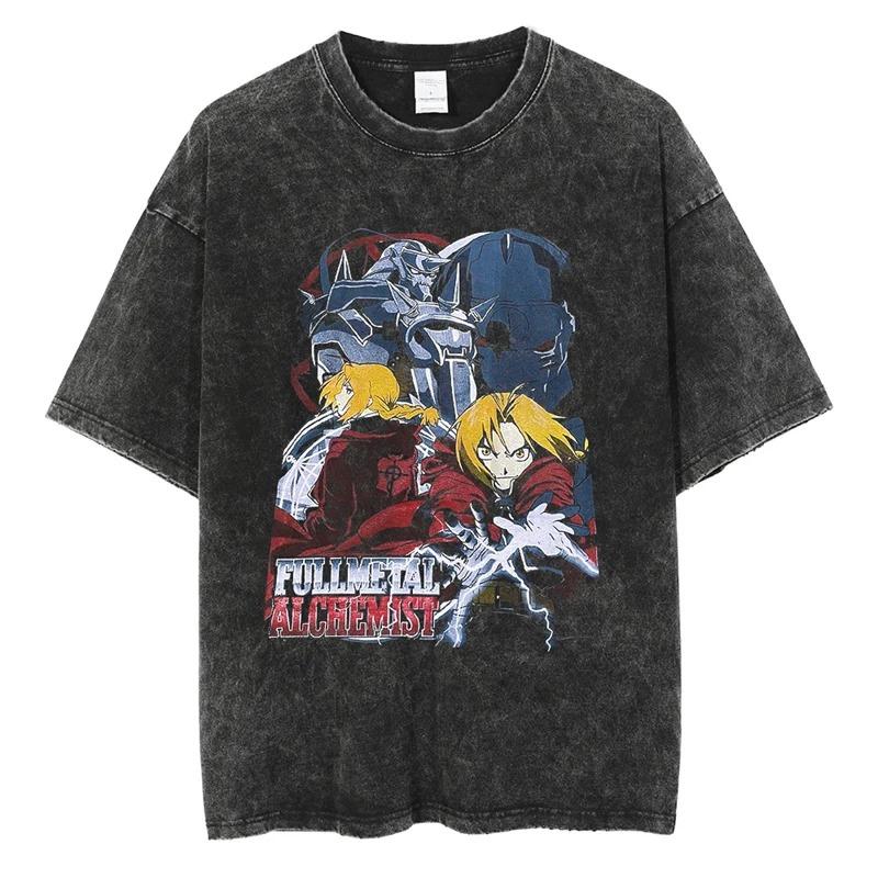 Hot Sale Mustang Roy Anime Fullmetal Alchemist Graphic Print T-Shirt Men Women Harajuku Hip Hop Vintage Washed Cotton Oversized Top Summer New Tee