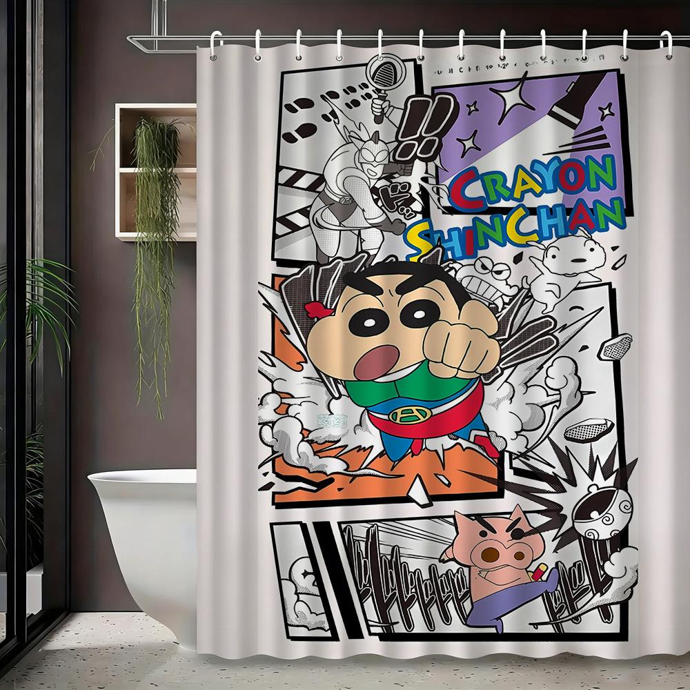 Crayon Shin-Chan Himawari & Pink Crocodile Toy Cartoon 2D Print Waterproof Shower Curtain, Minimalist White With Colorful Stars