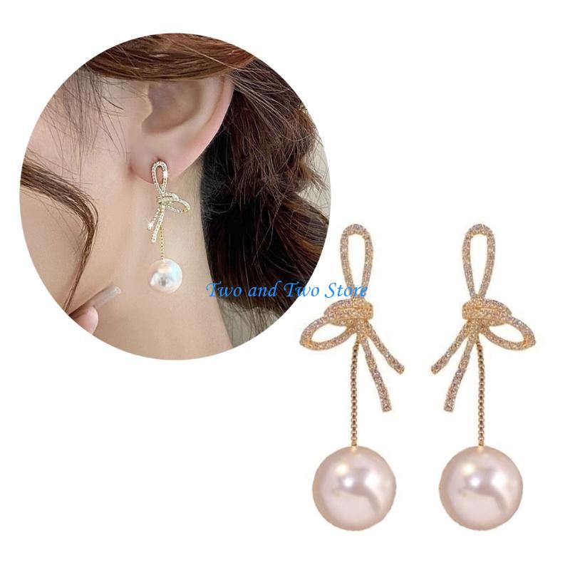 HX6F Long Tassels Pearl Pendant Earrings Sweet Cool Crystal Bowknot Drop Earrings CN