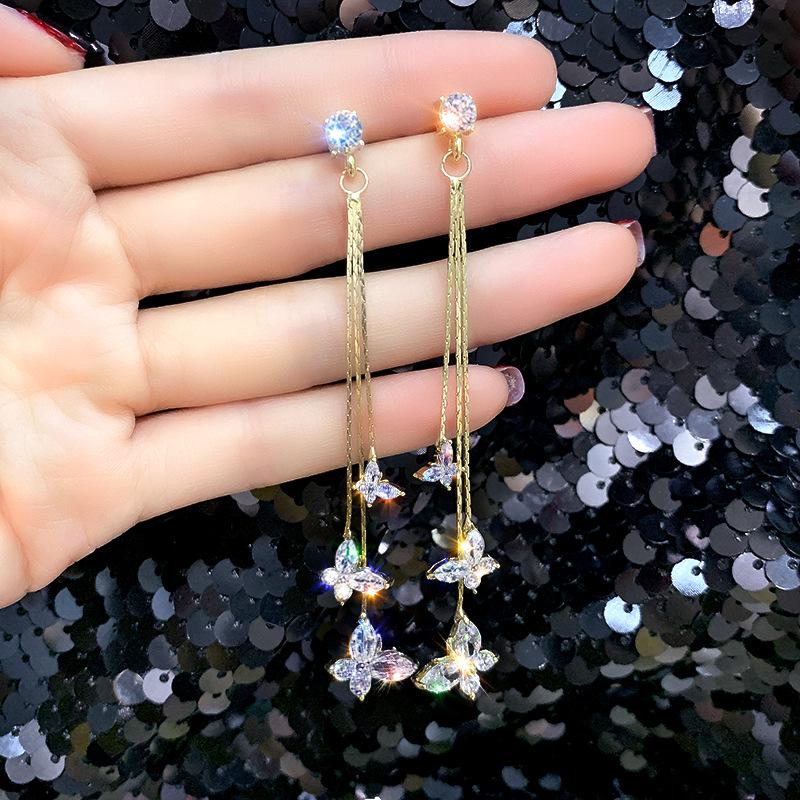 Shiny Crystal Butterfly Dangling Earrings for Women Exquisite Copper CZ Zircon Long Tassel Earring Girls Party Wedding Jewelry