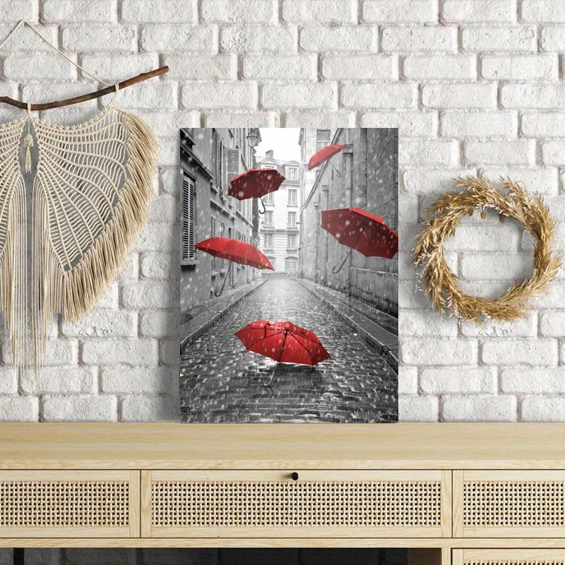 Framed - Modern City Streets, Red Umbrella Print, Multiple Scene Display, Framed Canvas Poster - Vibrant Decorative Artwork