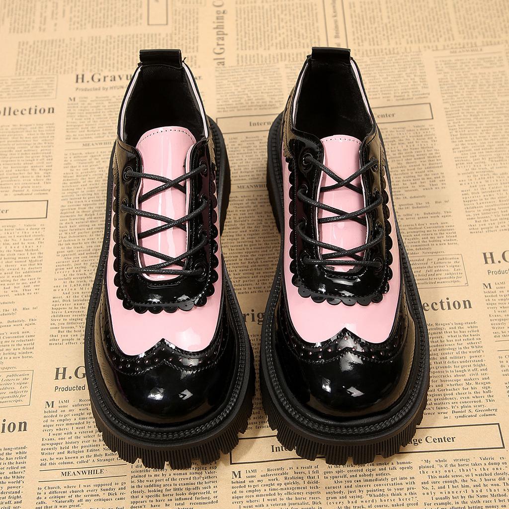 Color-blocked Low-top Shoes for The Fall of 2025 New Platform Lace-up Muffins Plus Size Small Leather Shoes for Women