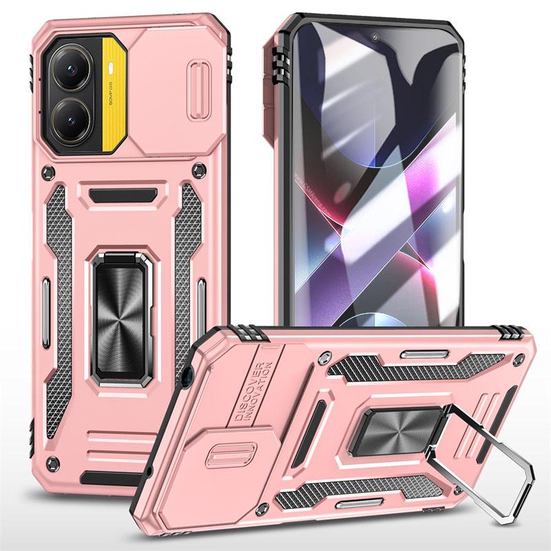 

Военная броня Сдвижная защита камеры Чехол для Poco X7 Pro X6 X5 X4 Pro 5G C75 C65 F5 Металлическое кольцо Магнитный автомобильный держатель Чехол для телефона Poco C65 розового золота