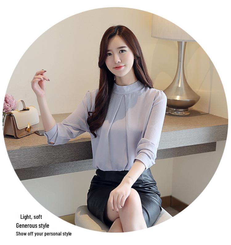 2026 Korean Style Chiffon Top: Long Sleeve, Stand Collar, Loose Fit, Belly-Covering, Versatile, Elegant, Fashionable for Spring/Autumn