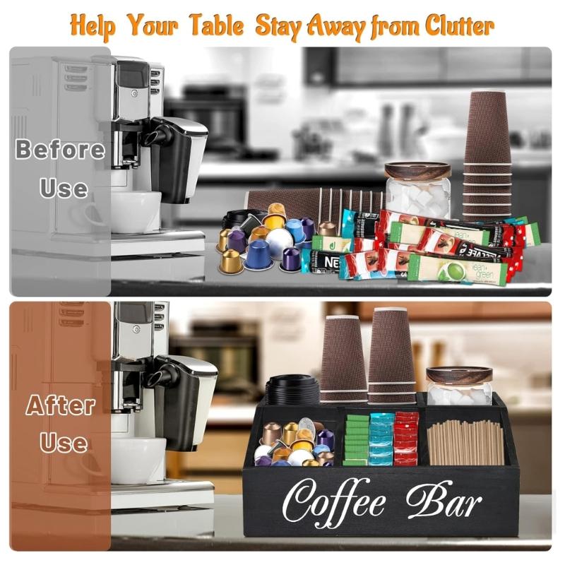 Multi Functional Coffee Accessories Storage Box Natural Wood Teas Condiment Organizer with Multiple Compartments