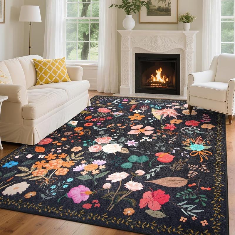 

Floral Pattern Living Room Carpet Foldable Machine Washable Sofa Coffee Table Non Slip Floor Mat Home Bedroom Bedside Soft Rug 50X80cm