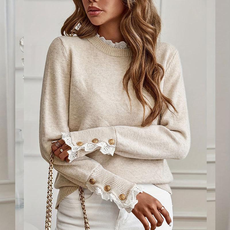Autumn Winter Women's Sweater Patchwork Lace Round Neck Long Sleeve Button Pullover Knitwear Women