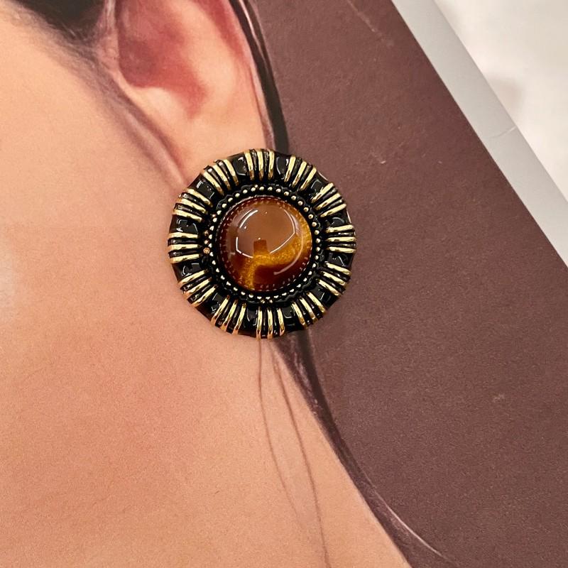 Vintage Hong Kong Style Tiger Eye Glass Stud Earrings - Exquisite Round Retro Design for Women
