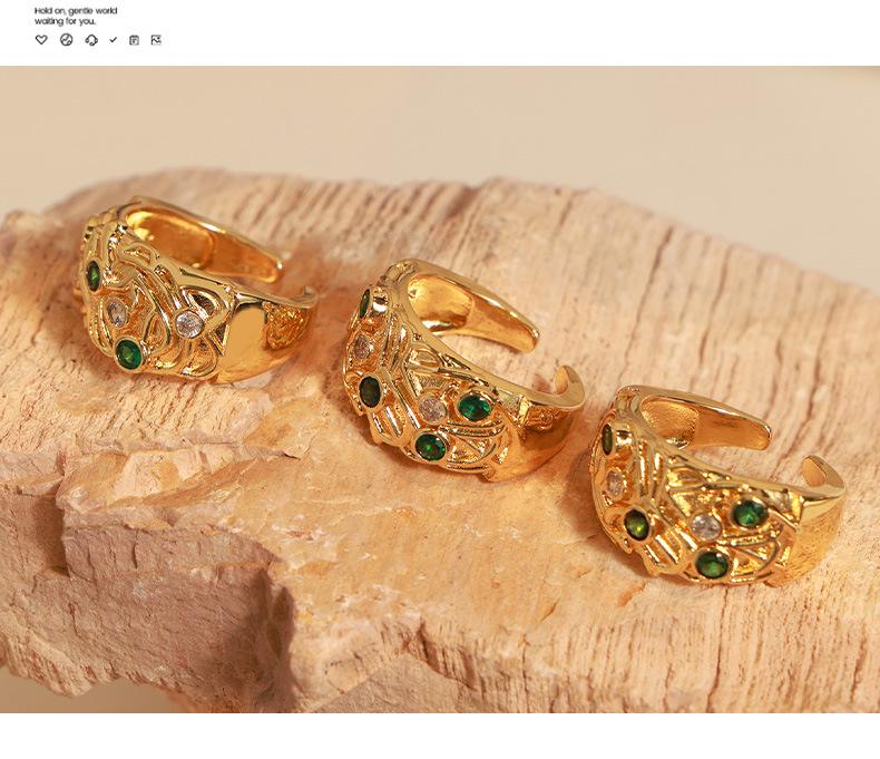 18k Gold-Plated Copper Ring with Colored Cubic Zirconia, Irregular Engraved Pattern, European & American Retro Fashion Jewelry for Women.