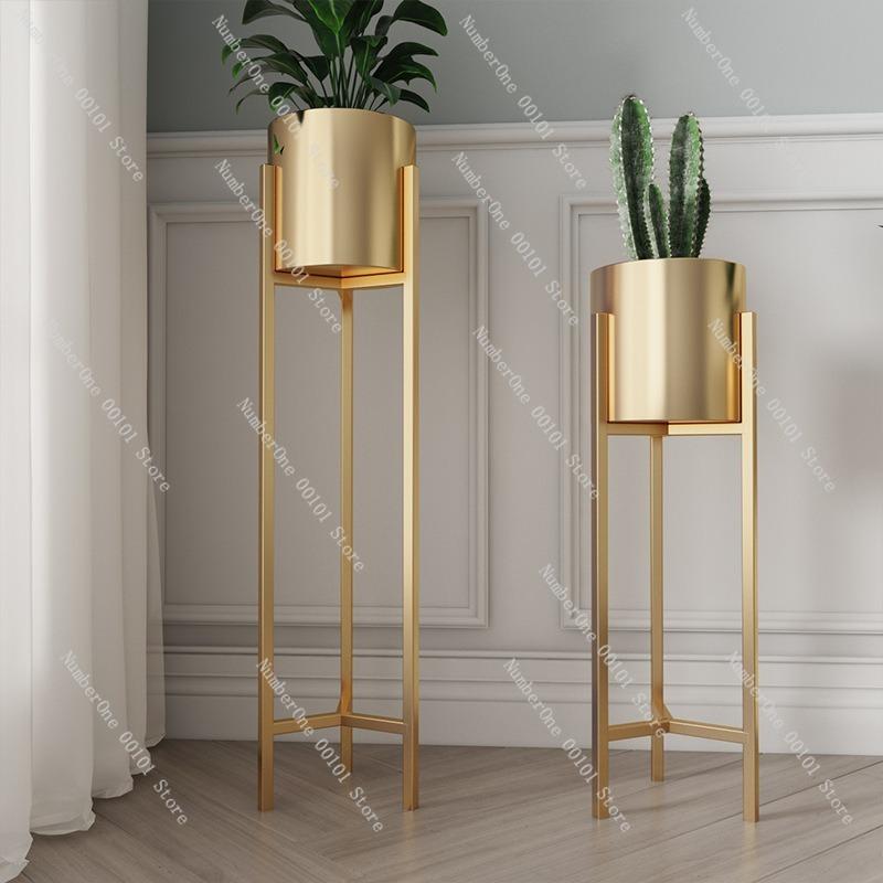Golden Flower Stand, Indoor Light Luxury Ironwork Flower Pot Stand, Elegant Floor-Standing Home Living Room Decoration, Stylish