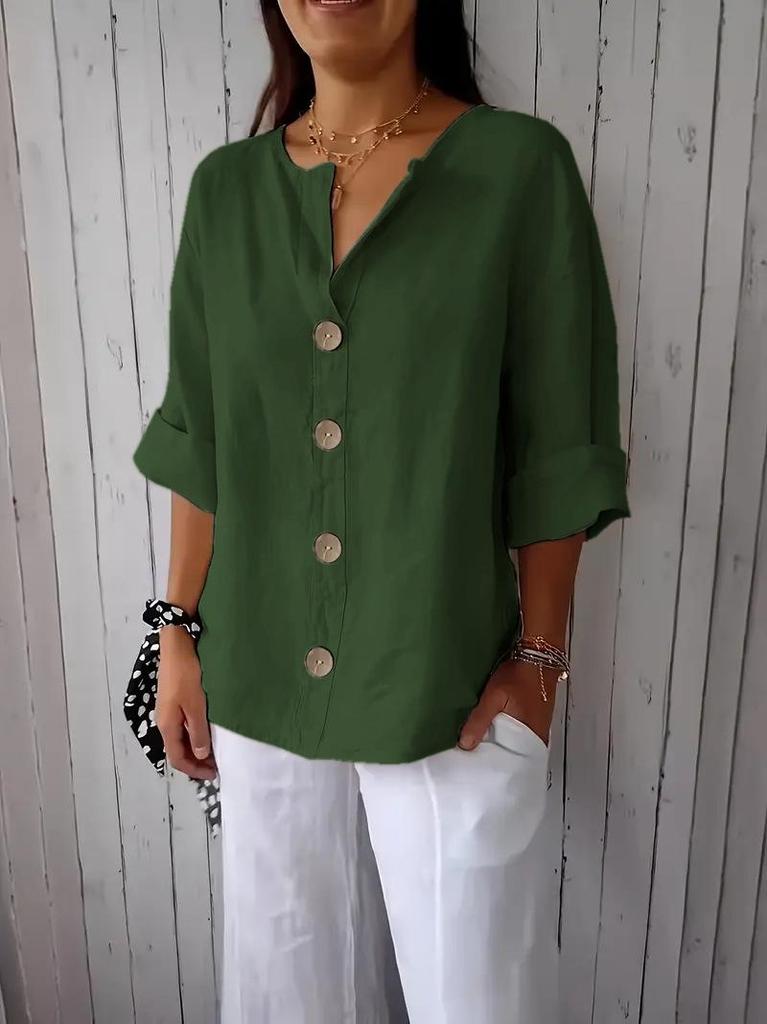 Women's 2025 European-American V-Neck Cotton Linen Button T-Shirt