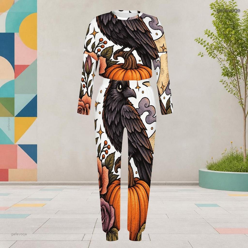 Women Plus Size Round Neck Long Sleeve Cartoon Bear Printed Cuffed Top And Pants Two Piece Set